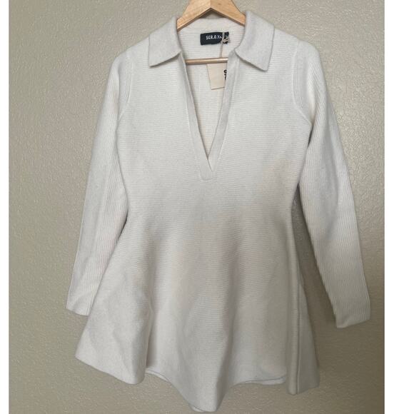 NEW SEROYA Clara Knit Mini Dress Small Eggshell $278 Cream Ribbed Knit Flared - Picture 3 of 11